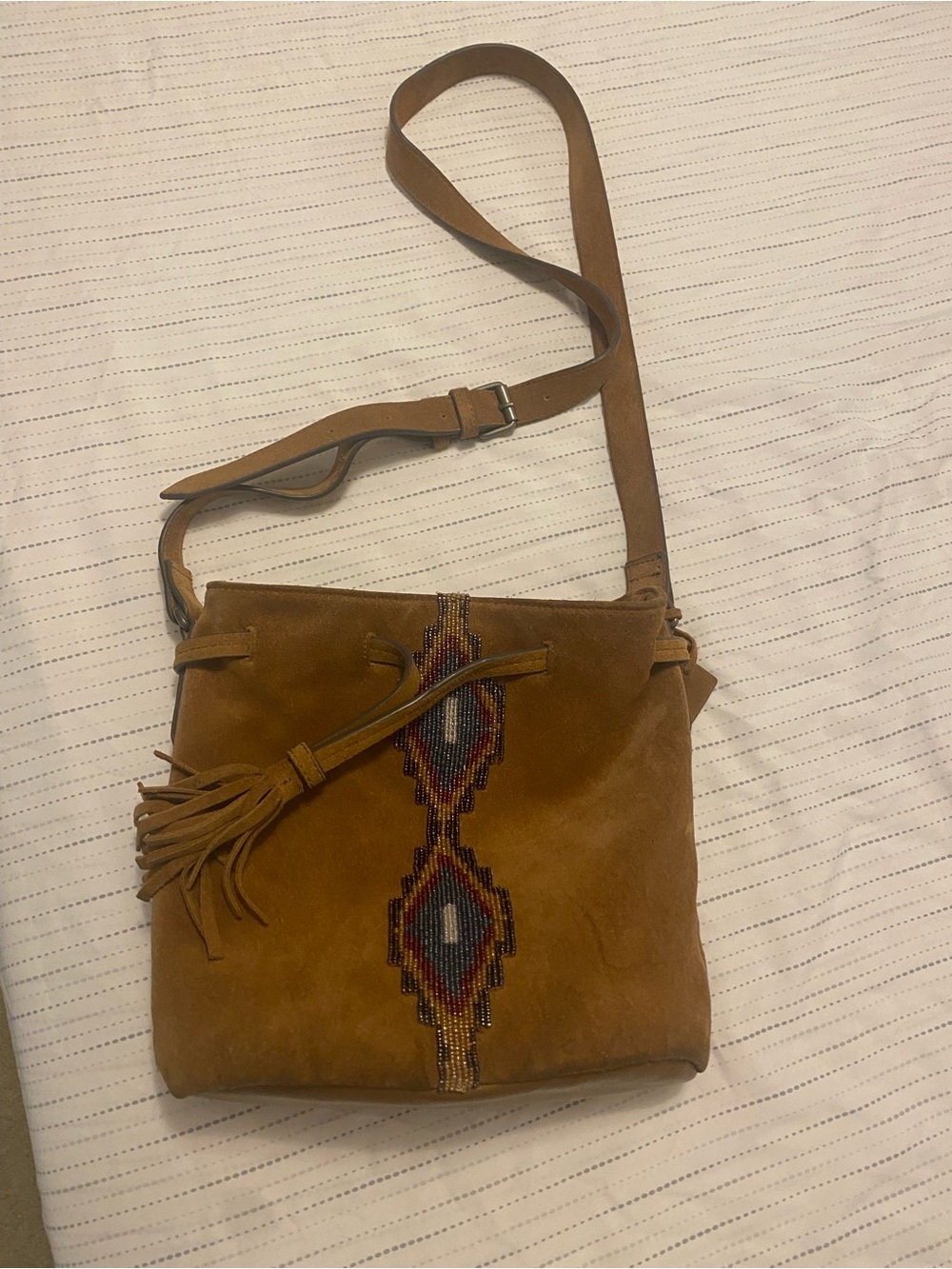 Shyanne Tan Suede Crossbody with Beaded Aztec Stripe